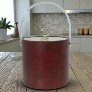 Vintage 1970's Red Burgandy MCM Barware Vinyl Ice Bucket w/Lucite Handle & Lid
